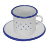 Emaille Tasse u. Untertasse mit blauem Dekor