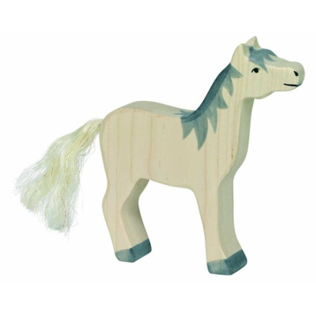 Pferd, Kopf hoch, graue Mähne, Holzfigur