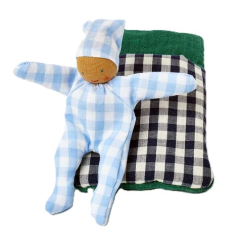 BABY mit Schlafsack karo blau - Waldorfpüppchen
